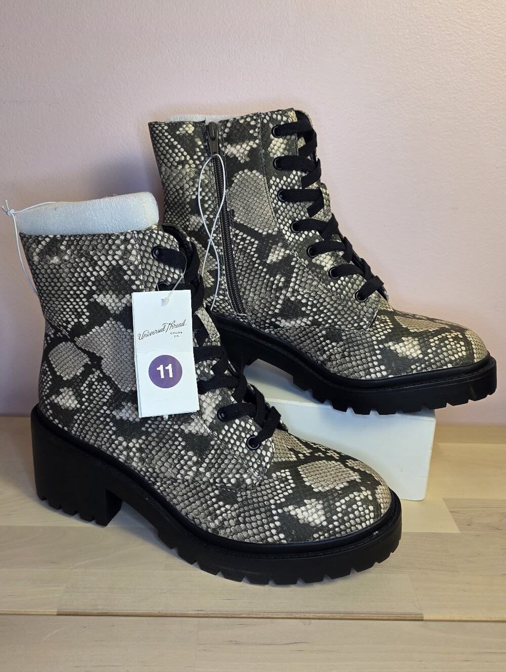 Snake-Print Lace-Up Combat Boots - Black & Cream